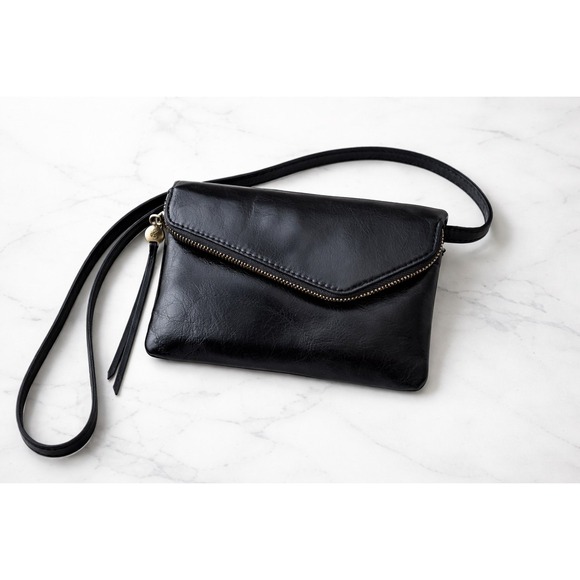 HOBO Black Genuine Leather Crossbody Clutch Bag Zip Flap
